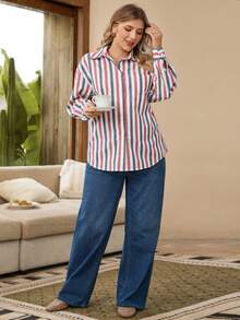 EMERY ROSE Plus Size Women Striped Drop Shoulder Long Sleeve Single-Breasted Casual Stripe Shirt Christmas New Year - Multicolor - View 2