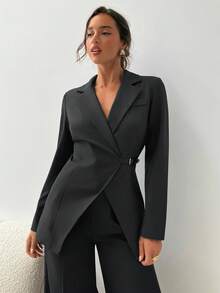 Aloruh Women's Elegant Commuter Brown Lapel Blazer - Dark Grey - View 7