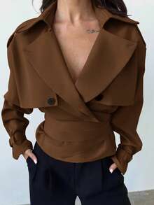 Firerie 女士时尚纯色优雅收腰短款风衣 - 棕色 - 查看 11