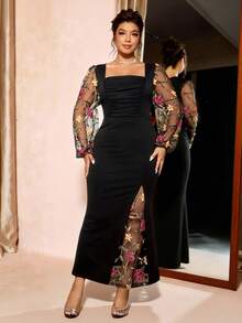 Cravure Váy lưới thêu hoa kiểu Pháp cỡ lớn thanh lịch, phù hợp cho các bữa tiệc, trang phục mùa xuân và mùa thu. Váy lưới hoa cổ vuông chắp vá dành cho nữ, trang phục dự tiệc thanh lịch, xẻ tà bên hông, tay dài, mùa thu/đông - màu đen - Xem 7