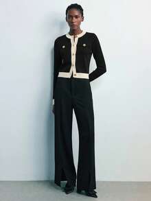 Maija Áo khoác cardigan dài tay cổ tròn phối màu dành cho nữ, mềm mại và thoải mái, phù hợp cho đi làm trong thành phố, công sở, trang phục giáo viên, áo khoác ngoài cơ bản cho mùa thu/đông. - màu đen - Xem 3