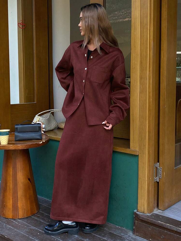 Women's Casual Collared Top And Skirt 2 Pieces Set, Autumn/Winter