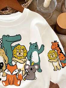 SHEIN Baby Boys' Casual Cartoon Animals Print Loose Knit Soft Thick Crew Neck Sweatshirt, Suitable For Autumn And Winter - White - View 5