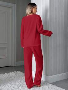 EURMUSE Minimalist Button Front Loungewear Pajama Set – Soft Two Pieces Long Sleeve Top & Wide Leg Pants In Red - Red - View 2