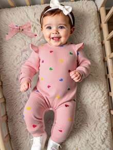 SHEIN Cute & Sweet Autumn Newborn Baby Heart Print Jumpsuit, Cozy Knit Long Sleeve Jumpsuit With Headband - Dusty Pink - View 3
