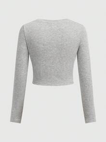 SHEIN Girlism Tween Girl Grey Ribbed Knit Casual Collared Top And Flare Pants 2 Pieces Set - Grey - View 5