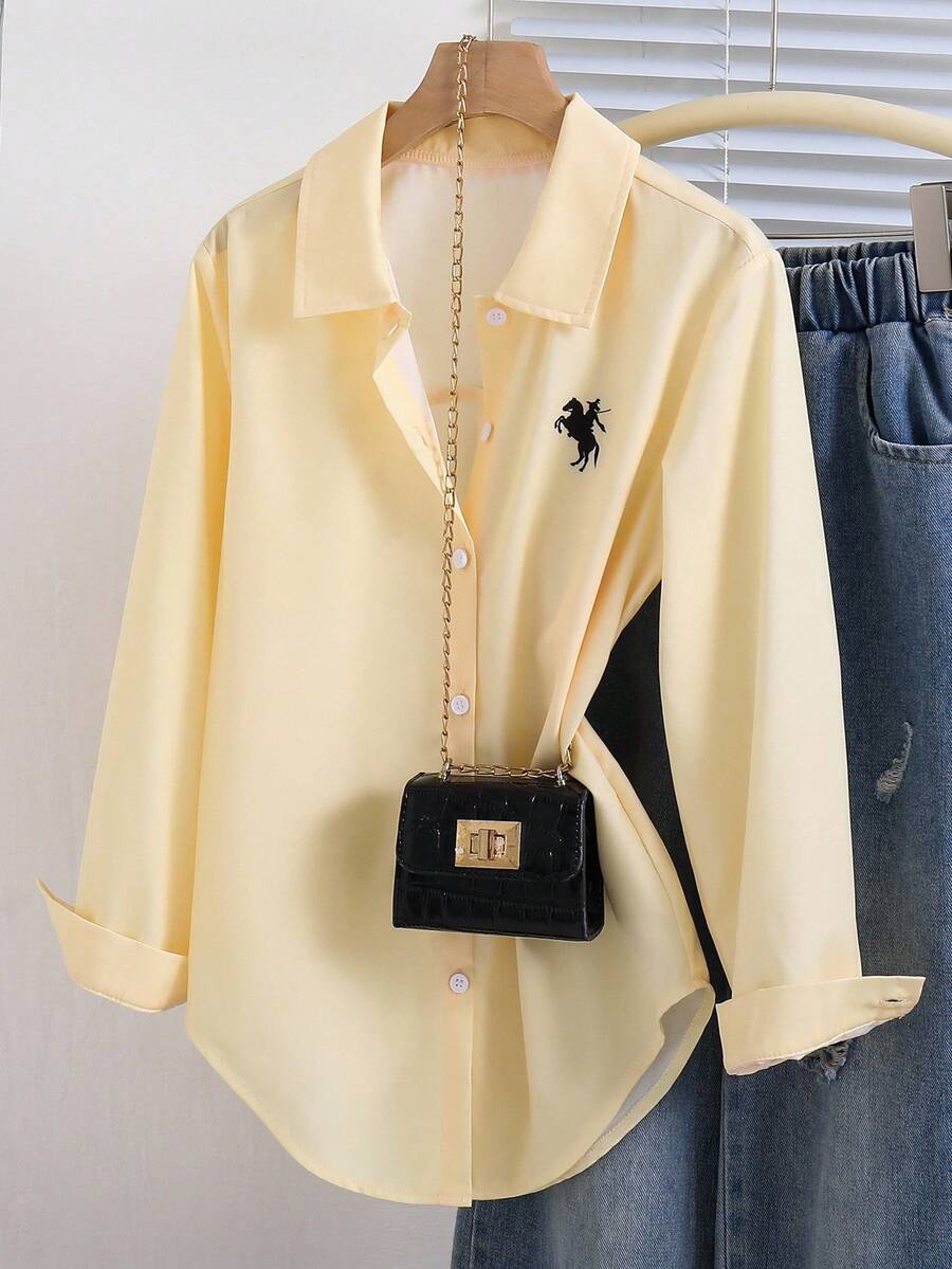 SHEIN 适合青少年女孩的宽松休闲学院风衬衫，返校季必备 - 黃色 - 查看 1