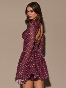 SHEIN BAE Đầm ngắn tay loe dài cổ đứng chấm bi xẻ eo - Màu Tím - Xem 2