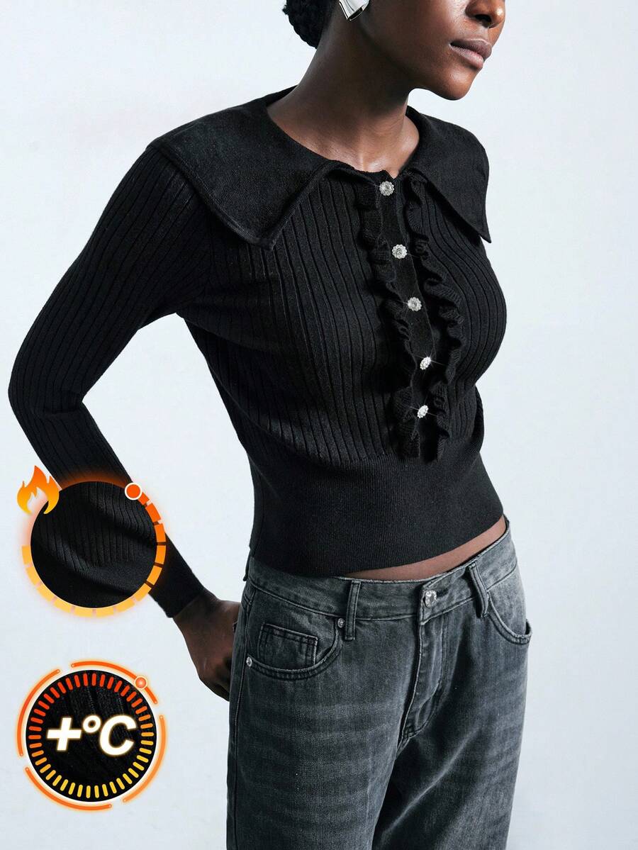 Maija Women's Solid Color Button Design Ruffle Hem Long Sleeve Cropped Sweater Fitted Tops Black Tops Ruffle Tops,Business Casual In Fall/Winter