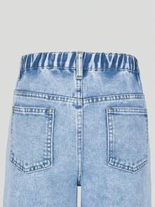 SHEIN ChillGRL Quần Jeans Denim Cho Bé Gái Tuổi Teen, Thêu Hoa, Phong Cách Y2K, Ống Rộng Rộng, Chất Liệu Cotton Thoải Mái, Thích Hợp Mặc Hàng Ngày Và Đi Học, Xuân/Hè/Thu/Đông - Rửa nhẹ - Xem 7