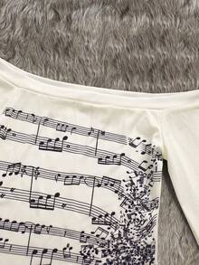 Rina Fox Women's Retro Off-The-Shoulder Top With Long Sleeves And Musical Note Print Slim Fit T-Shirt, Fashion , Vintage Y2k, Textured Fabric, Sister Gift, Back-To-School Clothing, Holiday Gift