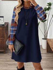 SHEIN LUNE Chic Plaid Patchwork Long Sleeve Short Dress For Women Comfortable Fabric Round Neck - White - View 4