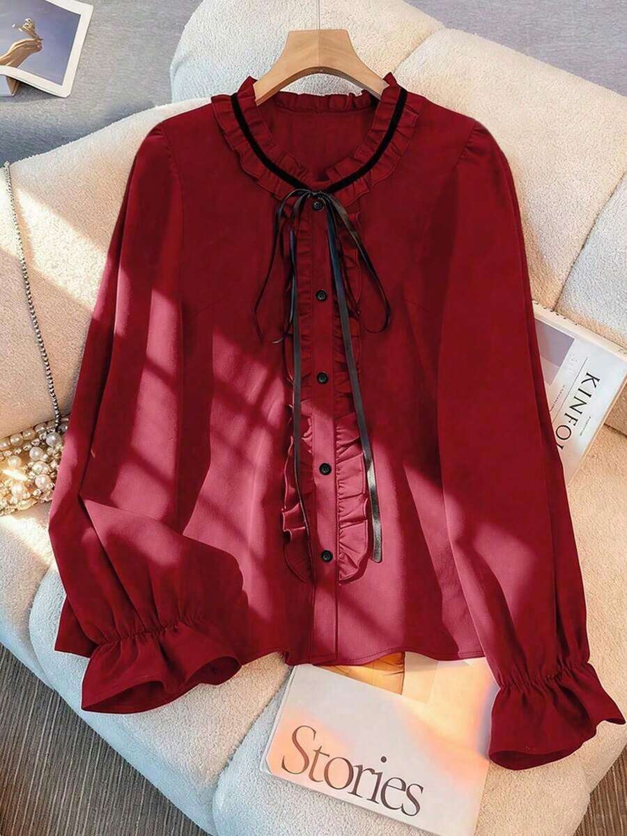 Franclia 大码女式圆领荷叶边无袖纽扣前襟优雅复古休闲修身衬衫，秋冬款 - 酒紅色 - 查看 1