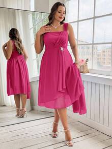 Ellevyn Conjunto de 2 piezas de vestido sin mangas con cintura ceñida y cárdigan de unicolor, talla grande - Rosa Fucsia - Ver 5