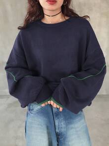 FRIFUL 女士深灰色撞色蓝色滚边圆领落肩长袖宽松休闲百搭毛衣，秋季 - 藏蓝色 - 查看 2