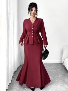 Elenzga 大码女式两件套收腰喇叭鱼尾裙优雅淑女套装，休闲两件套新款收腰 A 字型纽扣衬衫和裙子，适合返校、毕业典礼、情人节、音乐节、母亲节、万圣节、感恩节、复活节、国庆节、联欢晚会、约会派对、婚礼季、户外旅行 - 酒紅色 - 查看 7
