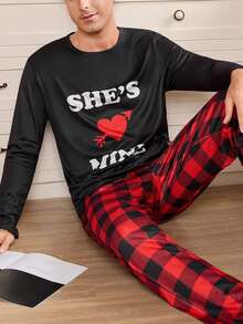 CoupledUp 情人节格子丘比特箭头图案男士睡衣套装，秋冬服装 - 彩色 - 查看 4