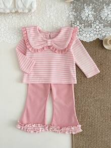 SHEIN 2pcs Baby Girls' Autumn/Winter Outfit, Sweet Princess Style Pink & White Striped Set, Essential For Outings & Family Gatherings, Made Of Waffle Knit Fabric; Top With Ruffled Collar & 3D Bow Accent, Striped Pattern Is Fresh & Cute; Bottom With Bell-Bottom Pants & Ruffled Hem