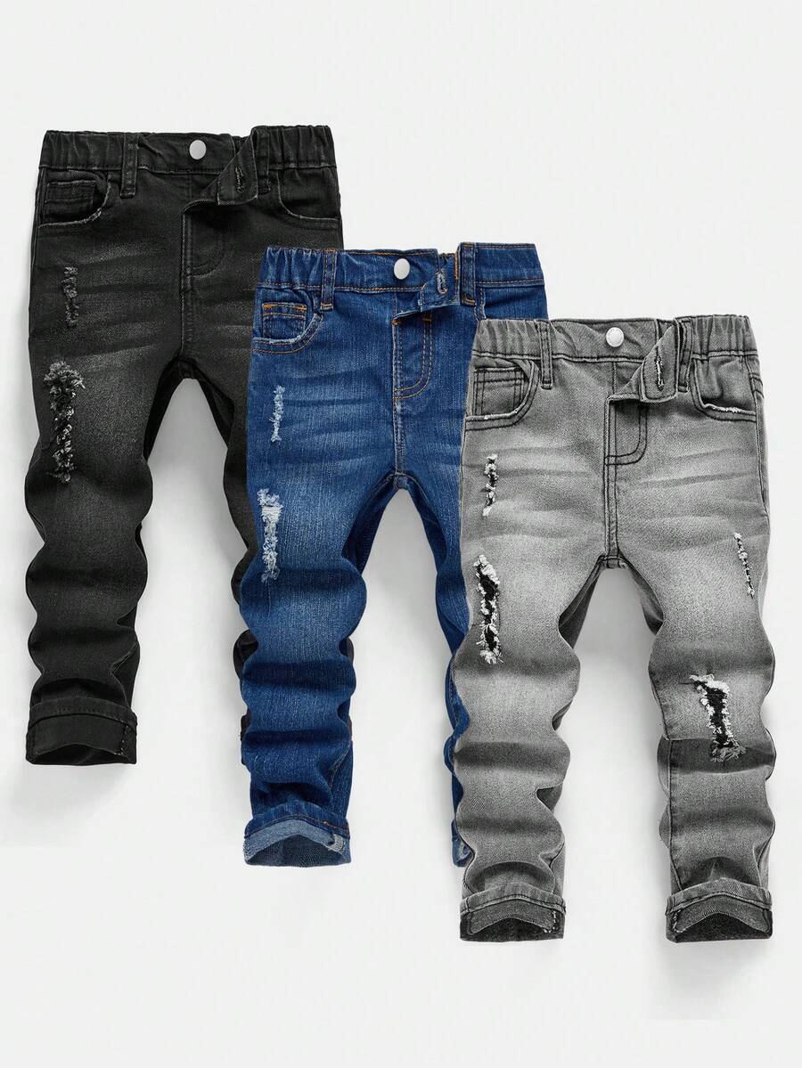 Set de 3 pantalones vaqueros elásticos ajustados de mezclilla azul marino, azul claro y gris para niños
