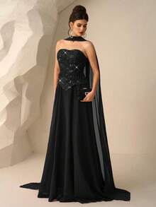 Coutiva Elegant Sequin Embellished Long Sleeve Dress, High-End Formal Gown For Banquet - Black - View 5