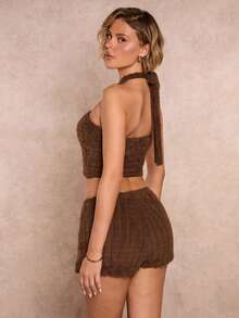 SHEIN Glamour Christmas Plush Fabric Circular Decor Women Winter Halter Vest + Mini Skirt Set - Brown - View 6