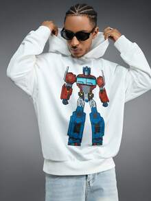 Transformers X SHEIN Men's Casual Robot Print Drop Shoulder Hoodie, Autumn - White - View 1
