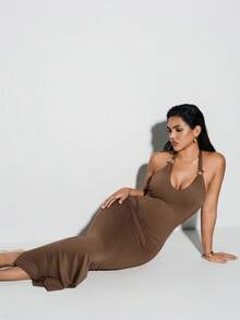 Nuvra Women's Halter Backless Double Layer Shapewear Dress With Lining, Waist Cinching, Butt Lifting, Mid-Length Bodycon Dress Brown Bodycon Dress Bodycon Maxi Dress Built In Bra Dress Brown Sexy Dress Slaydiva Dresses Elegant Dresses For Women - Brown - View 4