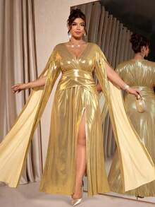 Cravure Plus Size Metallic Swan Velvet V-Neck Wrap Dress With Long Sleeves, Side Slit, Elegant For Party, Banquet, Date, Gathering