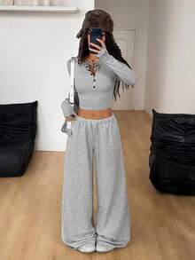 Coolane 女士秋冬简约基础日常休闲针织弹力长袖T恤和阔腿运动裤两件套 - 灰色 - 查看 5