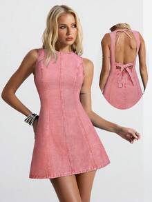 Jeanoix 女士露背蝴蝶结装饰无袖休闲牛仔连衣裙 - 粉色 - 查看 8