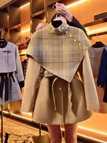 GlowEve Women's Single-Breasted Plaid Woolen Cloak, Elegant Casual Street Style Everyday Commute Business Romantic Date Party Christmas, Camel Color Midi Coat For Autumn/Winter