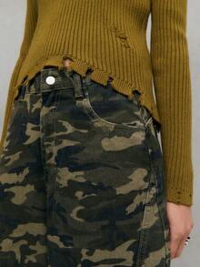 SHEIN Unity Stylish Olive Green Ribbed Sweater With Edgy Distressed Details Around The Neckline And Hem,Autumn Casual Everyday Elegant Relaxed Clothing For Women - Dark Green - View 6