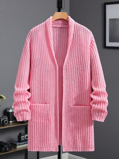 Manfinity Homme 男士休闲纯色双口袋开衫，秋冬粉色男士毛衣开衫，长袖上衣