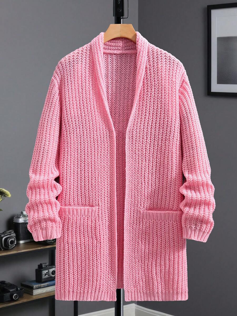 Manfinity Homme Men's Casual Solid Color Cardigan With Dual Pockets, Autumn/Winter Pink Cardigan Men Sweater Cardigan, Long Sleeve Top - Pink - View 1
