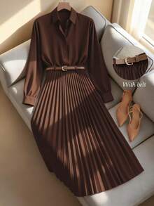 Franclia 休闲通勤百搭纯色长袖衬衫，搭配A字裙、百褶裙、长裙，配有腰带，春秋季卡其色女装套装，女式两件套，女式连衣裙，春秋服装，女式休闲装，女式教师制服