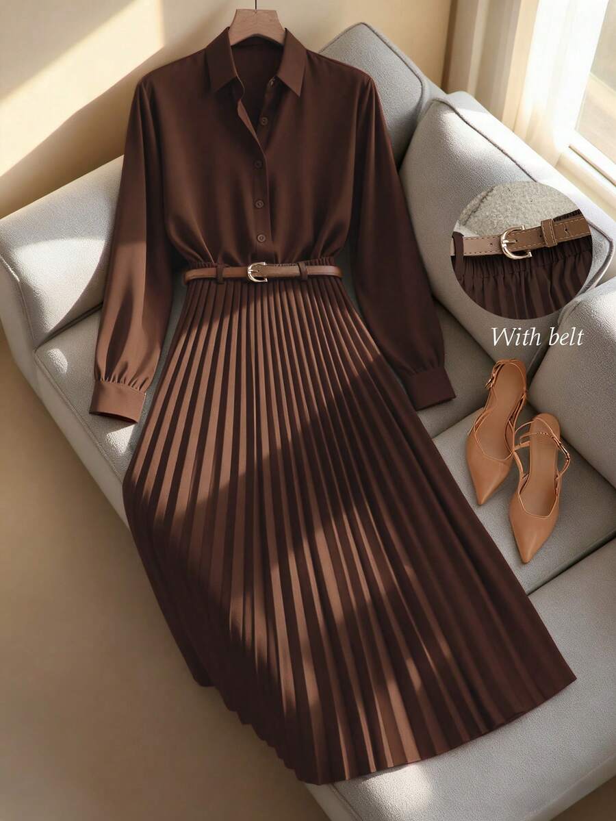 Franclia 休闲通勤百搭纯色长袖衬衫，搭配A字裙、百褶裙、长裙，配有腰带，春秋季卡其色女装套装，女式两件套，女式连衣裙，春秋服装，女式休闲装，女式教师制服