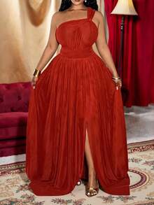 Slaydiva 2025 Spring, Summer, Autumn, Winter New Music Festival, Easter, Western, Nomadic Style Birthday Party, Casual, Leisure, Cruise Travel, Beach, Sunbathing Viral Sensation Rust Red High Slit Western Chiffon Maxi Dress, Sexy Elegant Plus Size Dress