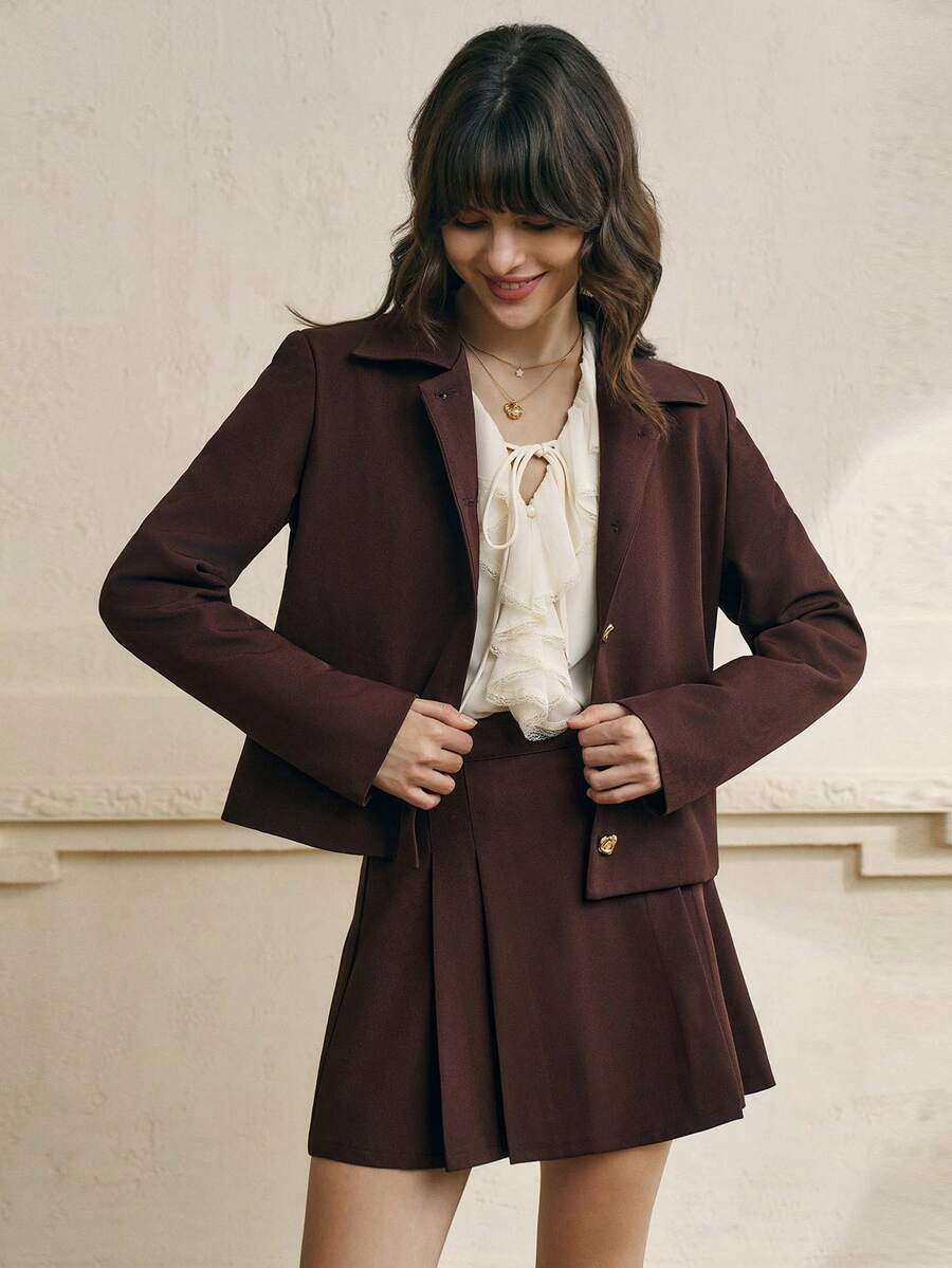 Cévolie Women's Vintage British Style Commuter Short Blazer Jacket And A-Line Mini Skirt Suit Set, Spring/Autumn - Rust Brown - View 1