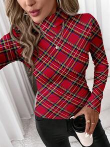 SHEIN Clasi 休闲简约女式圣诞格子印花高领打底T恤，适合秋冬季节、居家穿着、时尚派对等场合。 - 彩色 - 查看 3