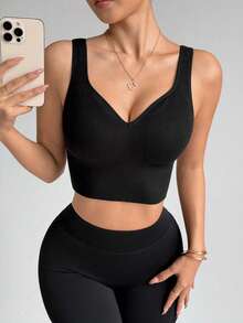 Dewbera 女士无缝黑色罗纹不可拆卸衬垫运动文胸，长款，适合秋冬季穿着 - 黑色 - 查看 1