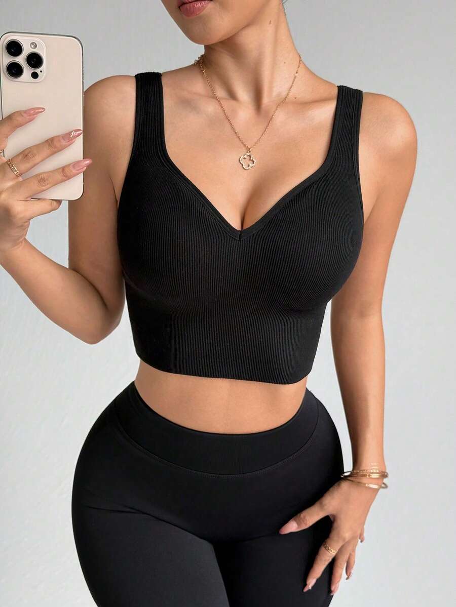 Dewbera 女士无缝黑色罗纹不可拆卸衬垫运动文胸，长款，适合秋冬季穿着 - 黑色 - 查看 1