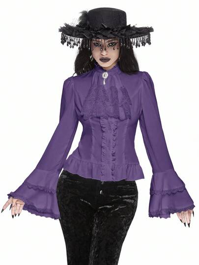 Vintage Palast-Stil Gothic abnehmbare Rüschen-Krawatte Kragen, Barock Kristall Anhänger, Glocken-Rüschen-Ärmel, taillierte Taille Damen Bluse