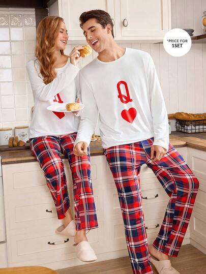 CoupledUp Conjunto de ropa de estar en casa para hombre con estampado de cuadros y corazón de carta de San Valentín, ropa de invierno