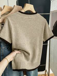 SHEIN Franclia 全新夏季简约个性拼布撞色优雅百搭女式针织上衣 - 卡其色 - 查看 2