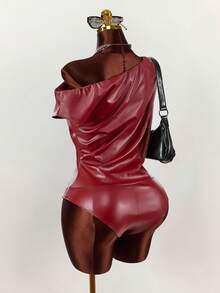 Amplova Women's Burgundy Spandex Bodysuit, Asymmetric Shoulder Top Patchwork Leather Red Swimsuit Y2K Summer Outfit,Seksi Chic Night Club - Burgundy - View 12