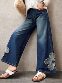 EMERY ROSE 女士休闲花卉贴花阔腿牛仔裤 - 藍色 - 查看 4