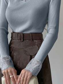 DAZY Jersey de manga larga ajustado con encaje calado y contraste, blanco, primavera/otoño - Azul - Ver 7