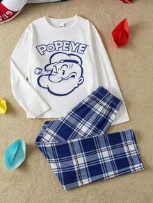Popeye X SHEIN 2pcs Tween Boy Casual Graphic Crew Neck Long Sleeve T-Shirt & Plaid Pattern Relaxed Fit Flame Retardant Pants Pajama Set
