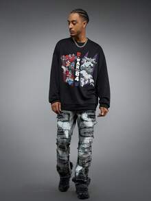 Transformers X SHEIN Men's Casual Robot & Letter Pattern Round Neck Drop Shoulder Sweatshirt, Autumn - Black - View 3