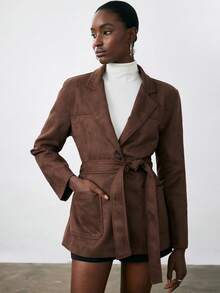 Aveloria Modichic Brown Suede Faux Fur Collar Belted Windbreaker, Classic Suit Collar Design With Adjustable Waist Belt - Brown - View 5